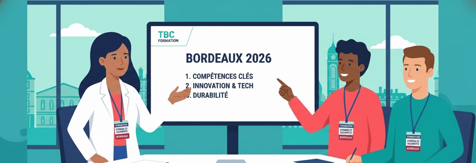 Illustration en flat design moderne représentant un groupe de six jeunes étudiants dynamiques marchant d'un pas assuré devant la Tour Eiffel et un bâtiment haussmannien à Paris. Autour d'eux gravitent des icônes symbolisant le management et la stratégie : des engrenages, un globe terrestre, des graphiques financiers, une ampoule pour l'innovation et un nuage avec un point d'interrogation évoquant la gestion de l'incertitude. Le style est épuré avec des tons bleus, verts et jaunes sur un fond blanc.