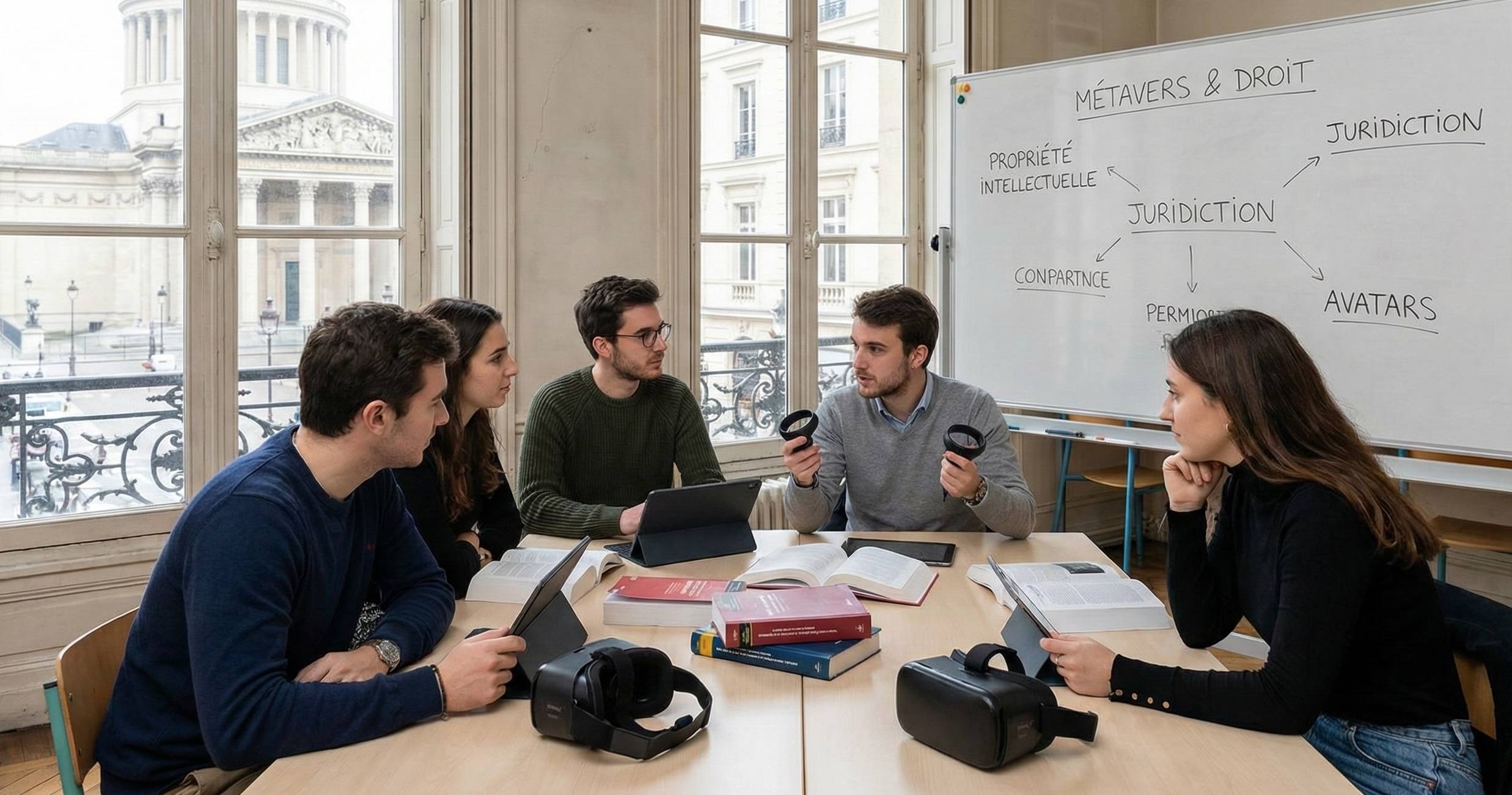 des étudiants en droit sont autour d'une table avec un tableau derrière eux, ayant pour sujet des défis juridiques liés aux métavers 