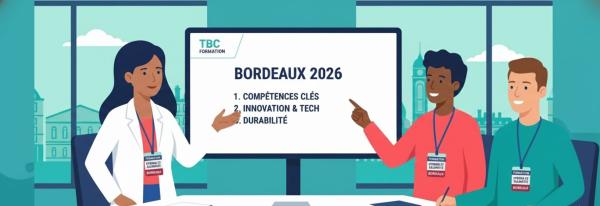 Illustration en flat design moderne représentant un groupe de six jeunes étudiants dynamiques marchant d'un pas assuré devant la Tour Eiffel et un bâtiment haussmannien à Paris. Autour d'eux gravitent des icônes symbolisant le management et la stratégie : des engrenages, un globe terrestre, des graphiques financiers, une ampoule pour l'innovation et un nuage avec un point d'interrogation évoquant la gestion de l'incertitude. Le style est épuré avec des tons bleus, verts et jaunes sur un fond blanc.